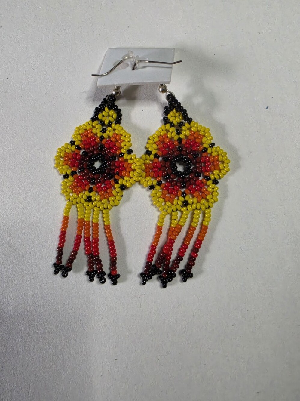Handmade Yellow & Red Seed Bead Fringe Earrings